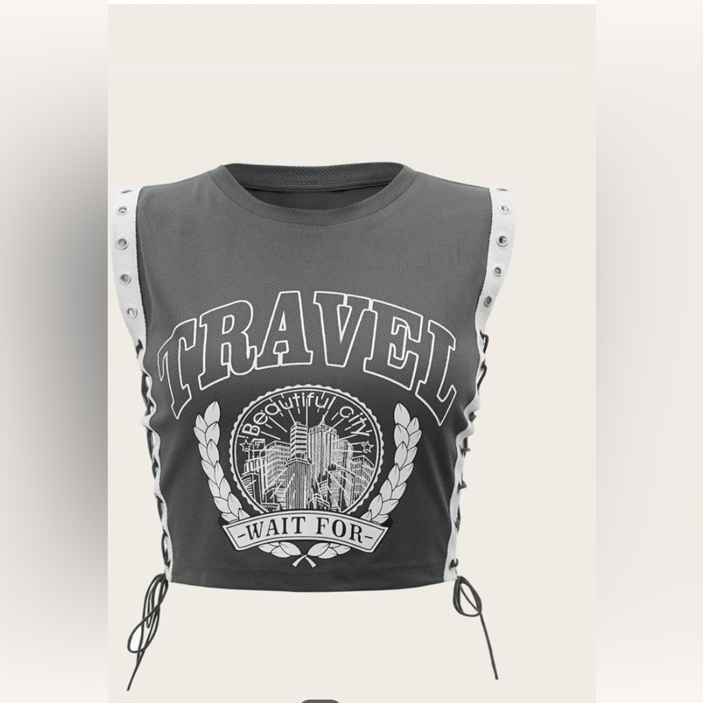 SHEIN Coolane Building & Letter Graphic Lace-up Side Crop Tank Top